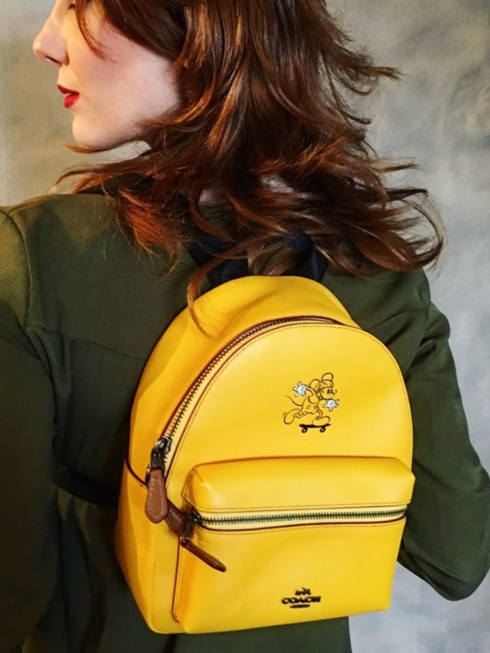 Coach Yellow and Black Mini Backpack with Leather Trim Mickey Skateboard Disney